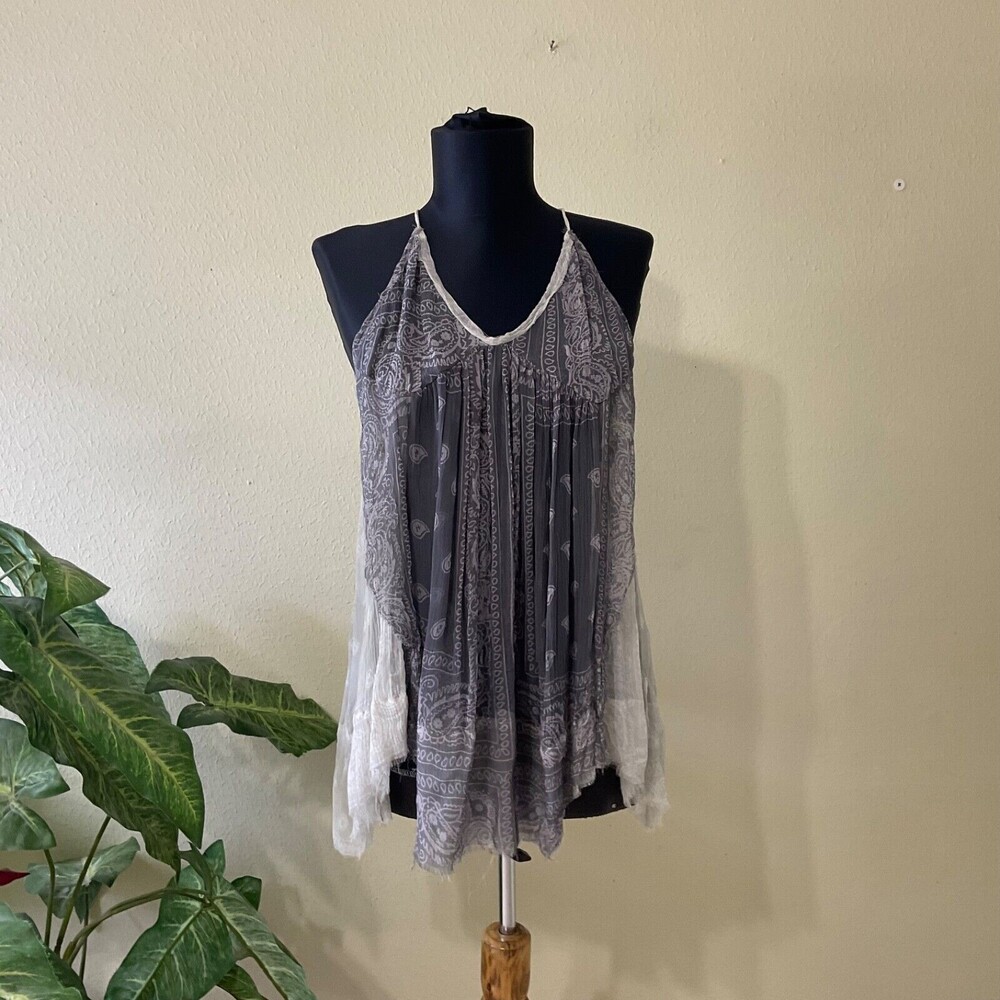 Chan Luu Top blouse womens Med. Halter tank Adj. straps v neck Gray paisley Cami - Picture 4 of 9
